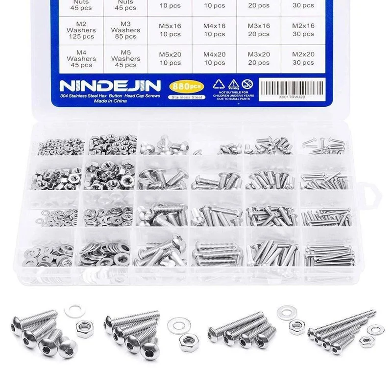 880Pcs M2 M3 M4 M5 Sechskant-Innensechskant-Schraubsatz Edelstahl Flache Rundkopfschraube Satz Schrauben und Muttern Inbusschraubensatz