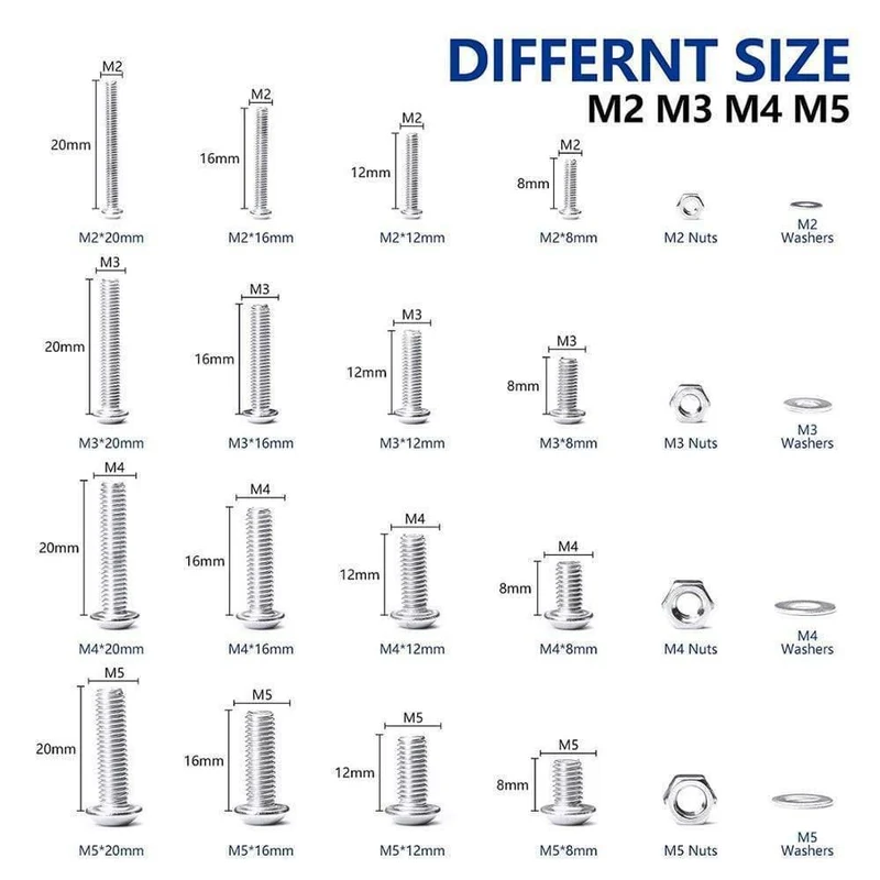880Pcs M2 M3 M4 M5 Sechskant-Innensechskant-Schraubsatz Edelstahl Flache Rundkopfschraube Satz Schrauben und Muttern Inbusschraubensatz