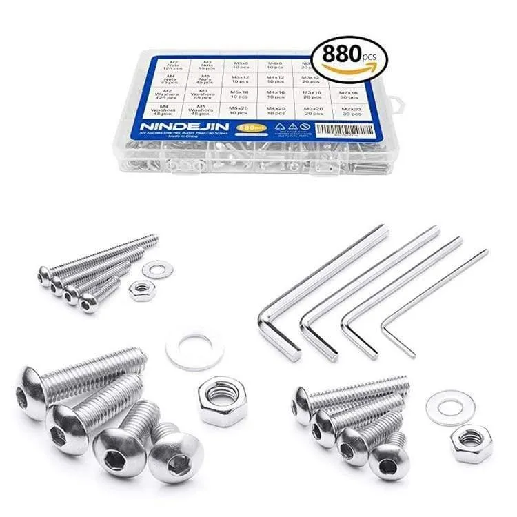 880Pcs M2 M3 M4 M5 Sechskant-Innensechskant-Schraubsatz Edelstahl Flache Rundkopfschraube Satz Schrauben und Muttern Inbusschraubensatz