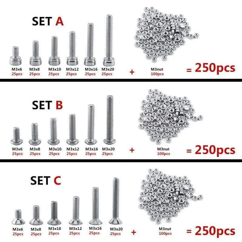 250pc / Set A2 Edelstahl M3 Kappe / Knopf / Flachkopfschrauben Sätze Sechskantschraube mit Sechskantmuttern Sortiment Kit Mayitr