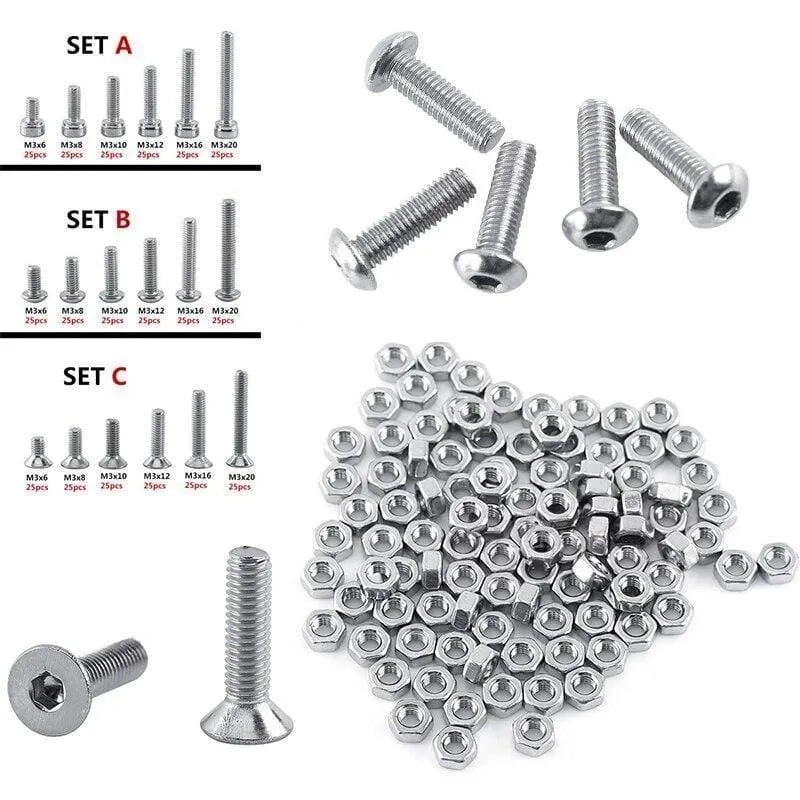 250pc / Set A2 Edelstahl M3 Kappe / Knopf / Flachkopfschrauben Sätze Sechskantschraube mit Sechskantmuttern Sortiment Kit Mayitr