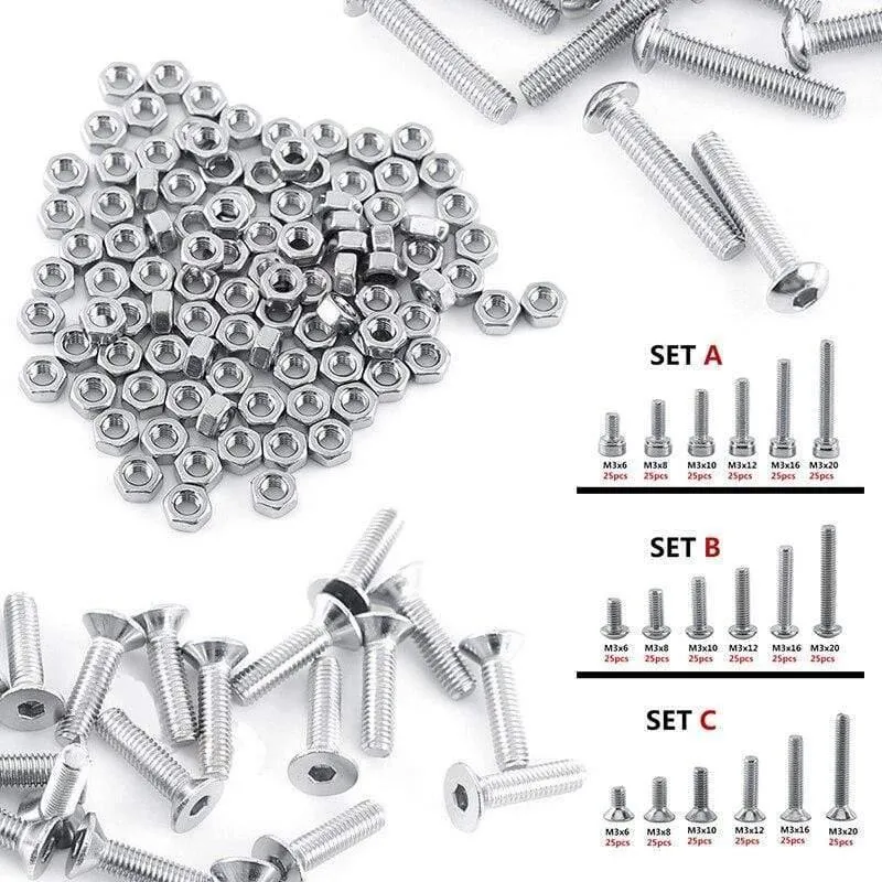 250pc / Set A2 Edelstahl M3 Kappe / Knopf / Flachkopfschrauben Sätze Sechskantschraube mit Sechskantmuttern Sortiment Kit Mayitr