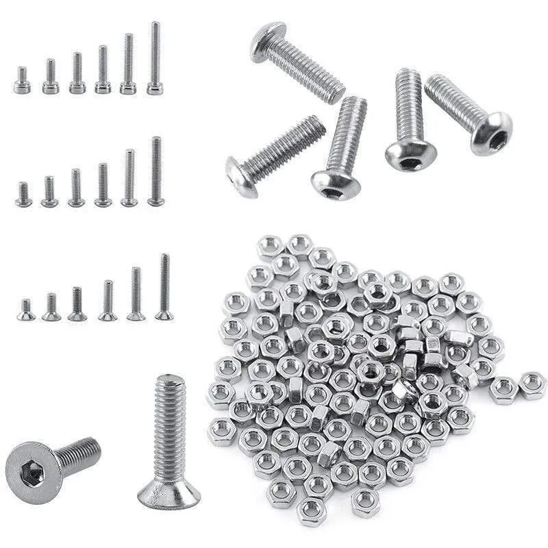 250pc / Set A2 Edelstahl M3 Kappe / Knopf / Flachkopfschrauben Sätze Sechskantschraube mit Sechskantmuttern Sortiment Kit Mayitr