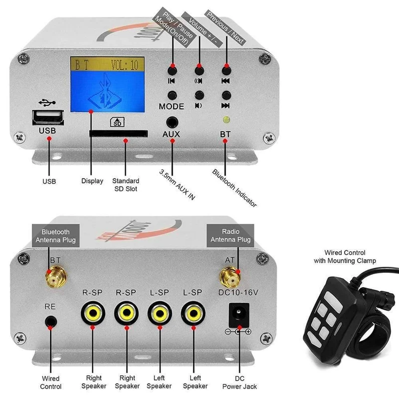 1000W Motorrad Audio 4 Kanal Verstärker Stereo Bluetooth Lautsprecher Mit MP3 FM Radio USB SD Karte Für ATV / UTV / Boot / Marine
