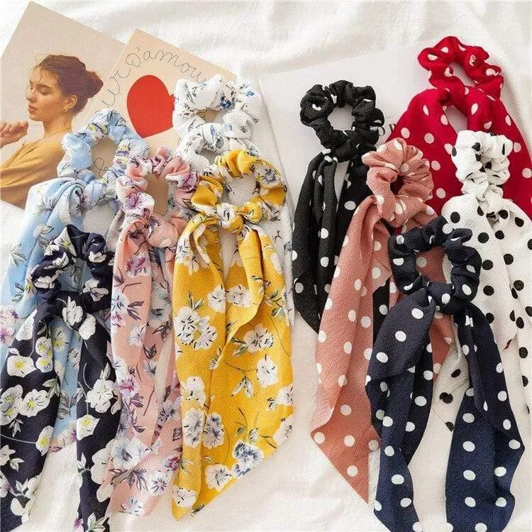 Blumendruck Haarschal Schleife Haargummis Pferdeschwanz Stirnband Für Frauen Haarschmuck Bowknot Elastic Hair Rope Haarbänder