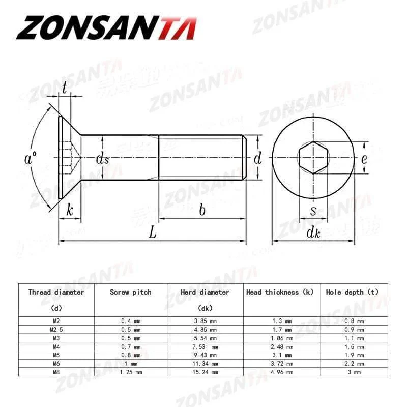 M2 M2.5 M3 M4 M5 M6 Din7991 304 Edelstahlschraube Sechskant Innensechskant Flachkopf Senkschraube Möbel Schrauben