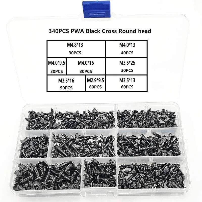 340 teile/schachtel M2-M4 Flachkopf-blechschraube Kreuzkopf PWA Selbstschneidende Schrauben-set Sortiment Kit Schwarz Möbel Kohlenstoffstahl
