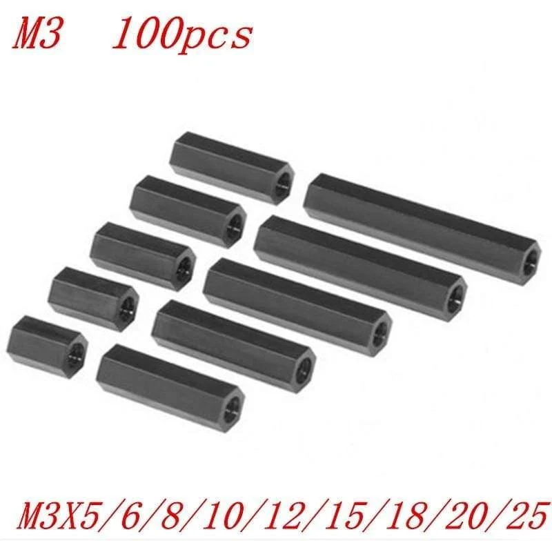 100 Stück / Los M3 * 5/6/8/10/12/15/18/20/25 Schwarzer Nylonabstandhalter 3 mm Innensechskant Nylon Kunststoff Distanzstück Lange Sechskantmutter