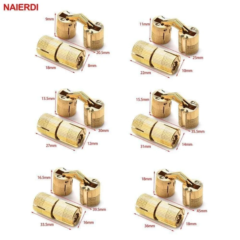 4 STÜCKE NAIERDI Kupfer Messing Möbel Scharniere 8-18mm zylindrisch versteckter Schrank verdeckt unsichtbare Türkasten Scharniere für Hardware