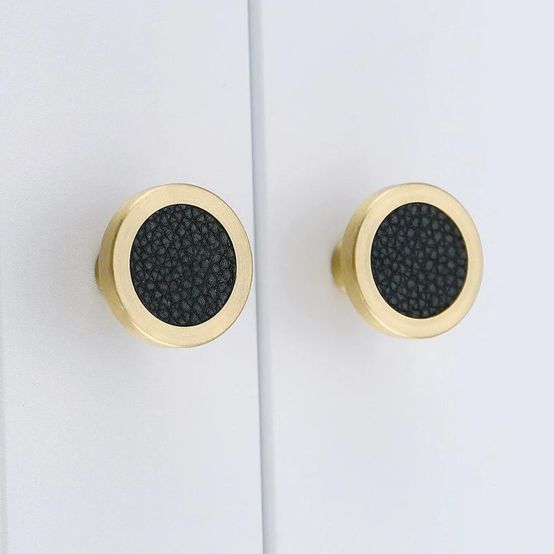 1PCS Schrankgriffe Massiv Messing Schrank Kleiderschrank zieht schwarz Leder Hardware Schublade Wohnmöbel Türgriffe Kommode ziehen