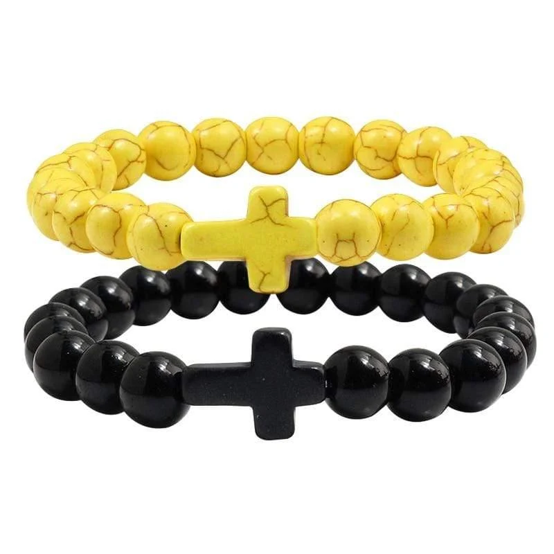 Trendy Schwarz Armband Naturstein Gelb Türkis Perlen Handkette Jesus Kreuz Armreifen Frauen Schmuck Liebhaber Zubehör