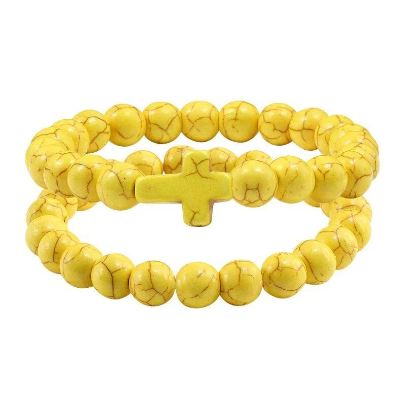 Trendy Schwarz Armband Naturstein Gelb Türkis Perlen Handkette Jesus Kreuz Armreifen Frauen Schmuck Liebhaber Zubehör