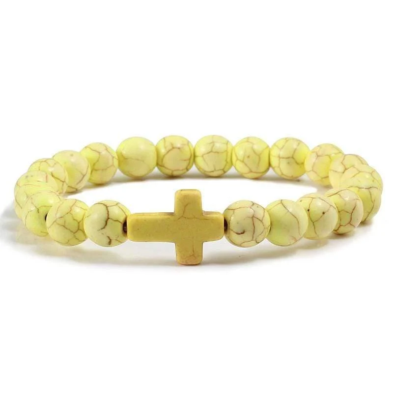 Trendy Schwarz Armband Naturstein Gelb Türkis Perlen Handkette Jesus Kreuz Armreifen Frauen Schmuck Liebhaber Zubehör