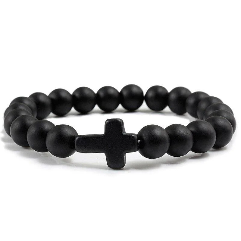 Trendy Schwarz Armband Naturstein Gelb Türkis Perlen Handkette Jesus Kreuz Armreifen Frauen Schmuck Liebhaber Zubehör