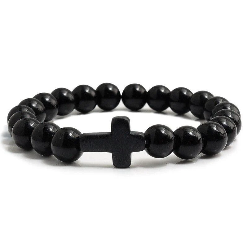 Trendy Schwarz Armband Naturstein Gelb Türkis Perlen Handkette Jesus Kreuz Armreifen Frauen Schmuck Liebhaber Zubehör