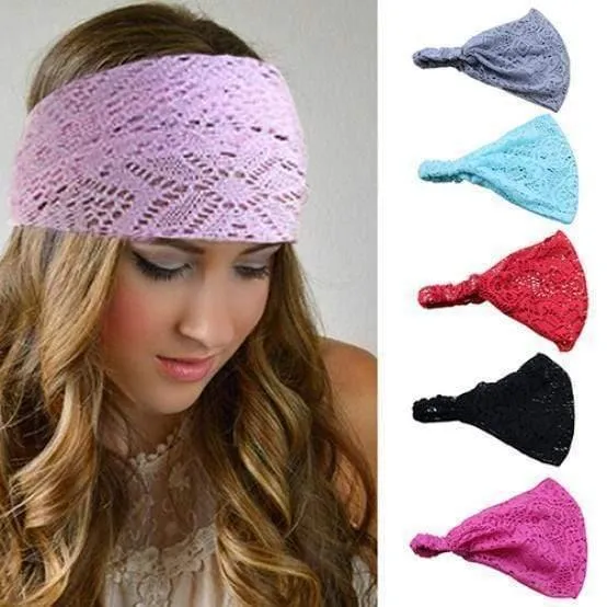 Spitze durchbrochenes Stirnband Damen elastisches Haarband Zubehör breites dehnbares Turban Damenmode Headwrap Bandana