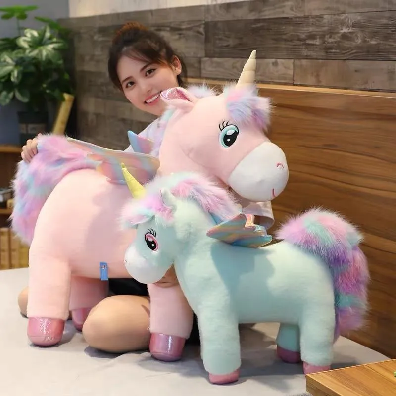 30 ~ 80cm Einzigartige leuchtende Flügel Einhörner Plüschtier Riesiges Einhorn Kuscheltiere Puppe Flauschiges Haar Fliegenpferd Spielzeug Für Kind Weihnachtsgeschenk