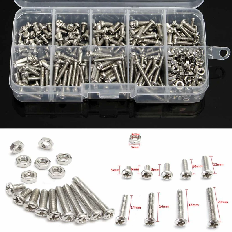 340 Stück / Karton M3 304 Edelstahl Kreuzkopf-Set Schrauben Schrauben Mutterkappe Kopfschraube Set Befestigungssortiment Kit Reparaturwerkzeuge Set