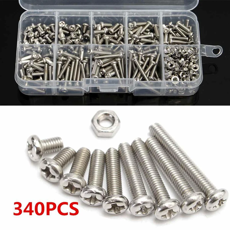 340 Stück / Karton M3 304 Edelstahl Kreuzkopf-Set Schrauben Schrauben Mutterkappe Kopfschraube Set Befestigungssortiment Kit Reparaturwerkzeuge Set