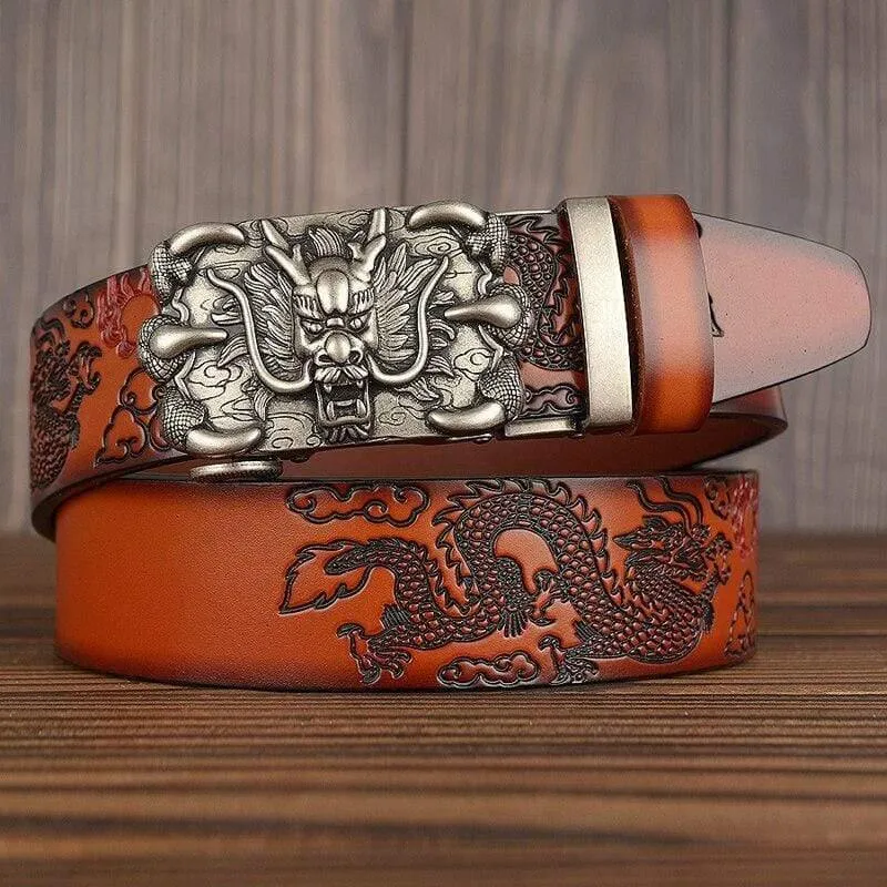 Herren Gürtel Echtes Leder Neu Hochwertige Rindsleder Handgefertigte Herren Taillenbänder Chinesischer Drache Gepresste Träger Männliche Designer Gürtel