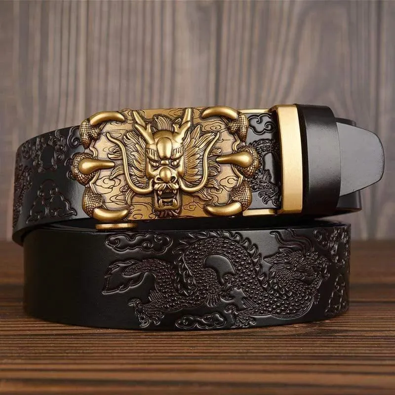 Herren Gürtel Echtes Leder Neu Hochwertige Rindsleder Handgefertigte Herren Taillenbänder Chinesischer Drache Gepresste Träger Männliche Designer Gürtel