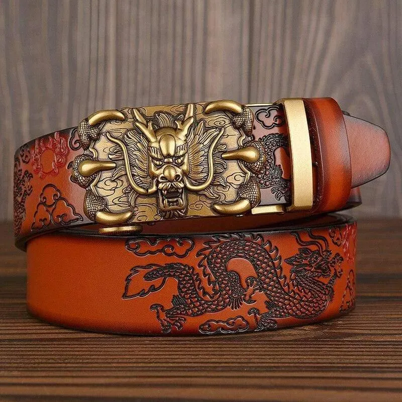 Herren Gürtel Echtes Leder Neu Hochwertige Rindsleder Handgefertigte Herren Taillenbänder Chinesischer Drache Gepresste Träger Männliche Designer Gürtel
