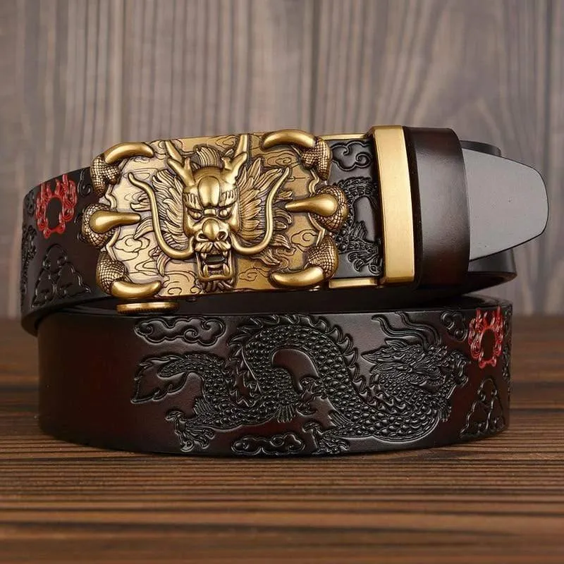 Herren Gürtel Echtes Leder Neu Hochwertige Rindsleder Handgefertigte Herren Taillenbänder Chinesischer Drache Gepresste Träger Männliche Designer Gürtel