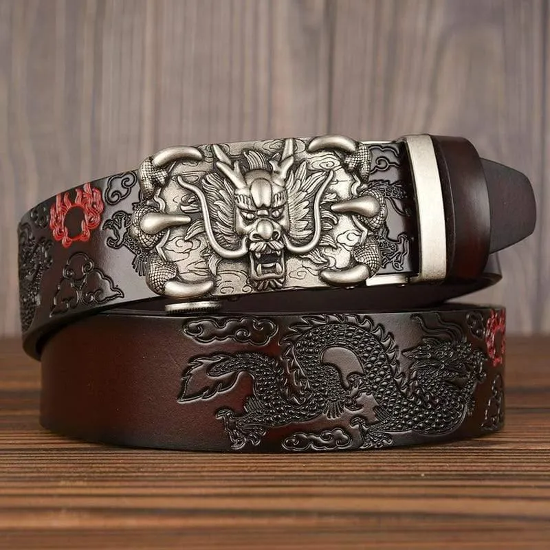 Herren Gürtel Echtes Leder Neu Hochwertige Rindsleder Handgefertigte Herren Taillenbänder Chinesischer Drache Gepresste Träger Männliche Designer Gürtel