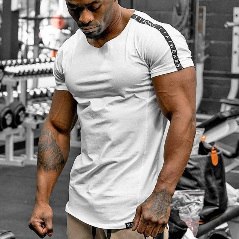 Lässige Baumwolle T-Shirt Männer Turnhallen Fitness Slim T-Shirt Sommer Kurzarm O-Ausschnitt Weiß Tee Tops Männlich Jogger Workout Brand Kleidung