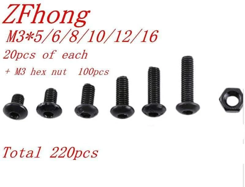 220 Stück M3 (3 mm) A2 schwarz ISO7380 m3*5 bis 16 Halbrundkopf-Inbusschrauben Innensechskantschrauben mit Muttern-Sortiment