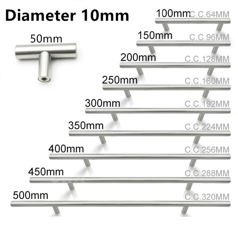 50mm-500mm Edelstahl Küchentür Schrank T-Griff Griff Zugknopf Schrankknöpfe Möbelgriff Schrank Schubladengriff