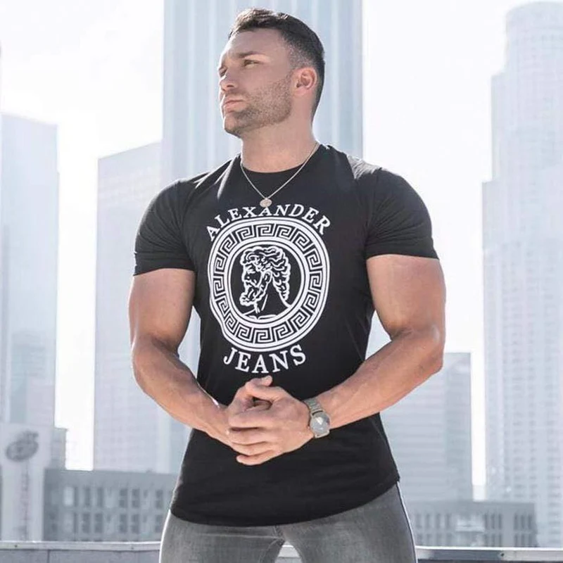 Männer Casual Fashion Printed T-Shirt Turnhallen Fitness Kurzarm Baumwolle Slim T Shirt Männlich Schwarz Tee Tops Markenkleidung