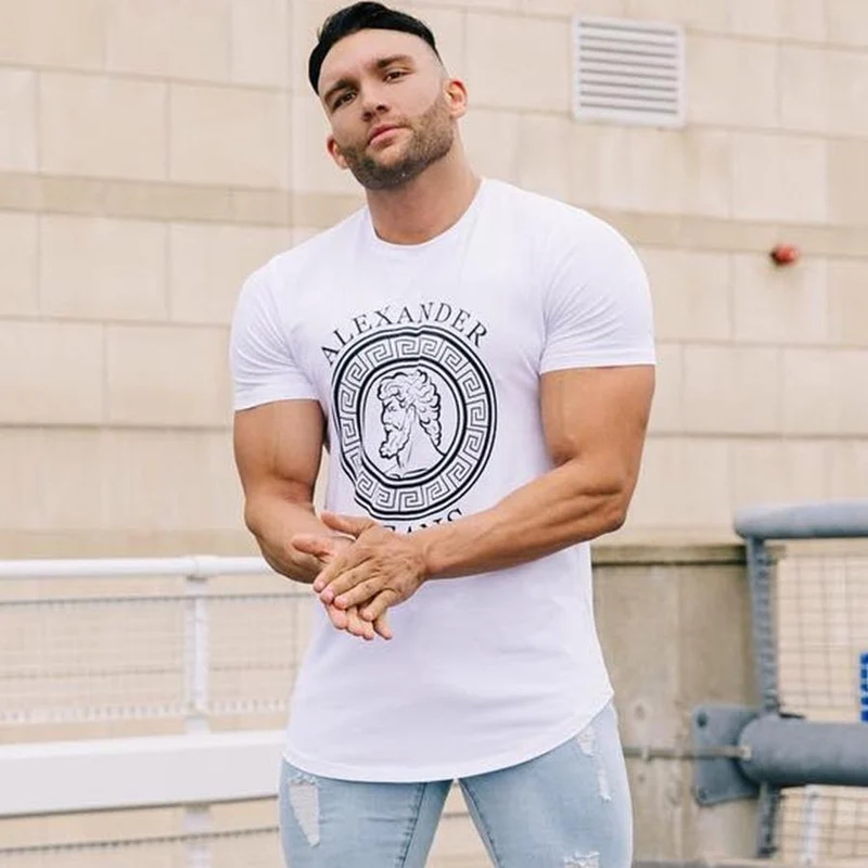 Männer Casual Fashion Printed T-Shirt Turnhallen Fitness Kurzarm Baumwolle Slim T Shirt Männlich Schwarz Tee Tops Markenkleidung