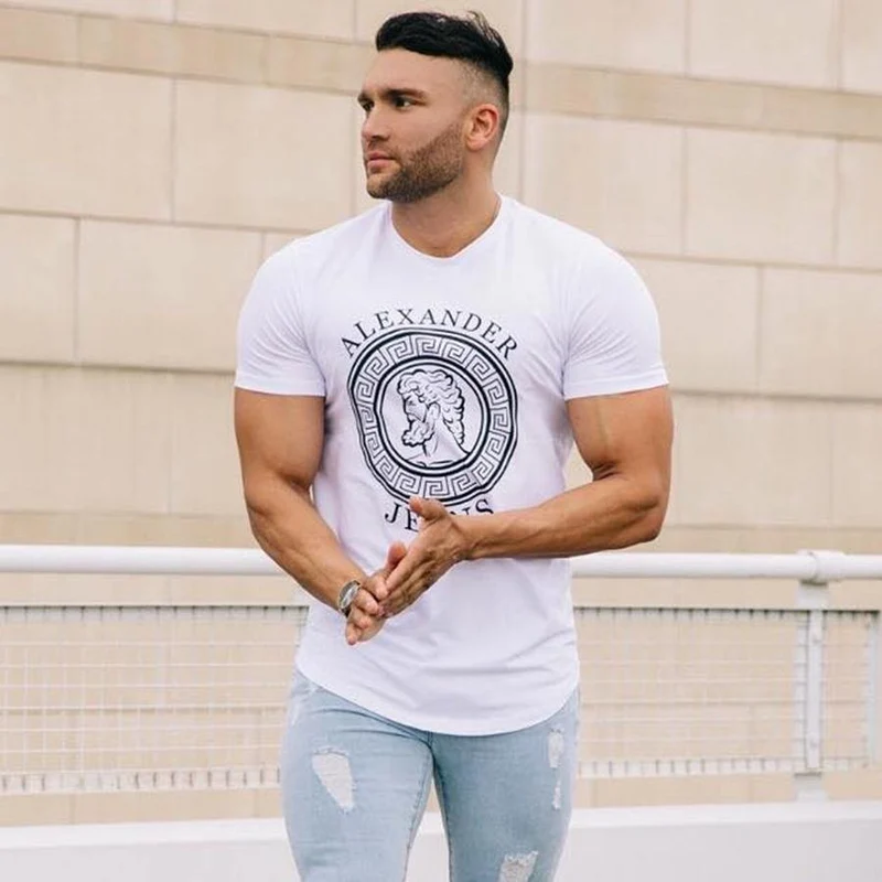 Männer Casual Fashion Printed T-Shirt Turnhallen Fitness Kurzarm Baumwolle Slim T Shirt Männlich Schwarz Tee Tops Markenkleidung