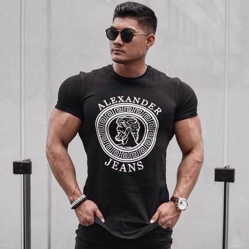 Männer Casual Fashion Printed T-Shirt Turnhallen Fitness Kurzarm Baumwolle Slim T Shirt Männlich Schwarz Tee Tops Markenkleidung