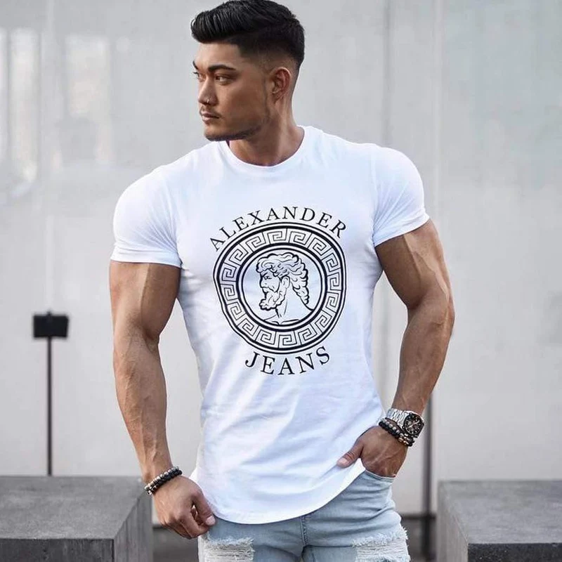 Männer Casual Fashion Printed T-Shirt Turnhallen Fitness Kurzarm Baumwolle Slim T Shirt Männlich Schwarz Tee Tops Markenkleidung