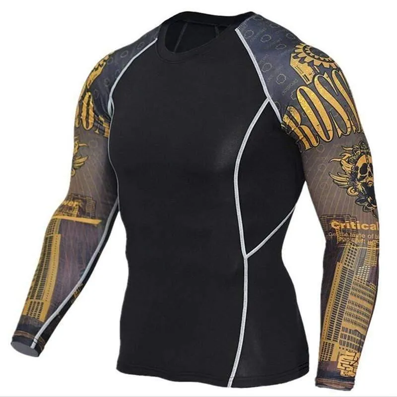 Männer Langarm T-Shirt Mann Kompression Polyester Skinny Skull Print T-Shirt Männliche Turnhallen Fitness Workout Jogger T-Shirts Tops Kleidung