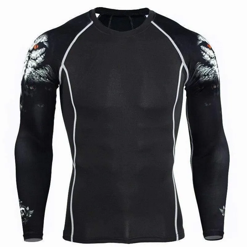 Männer Langarm T-Shirt Mann Kompression Polyester Skinny Skull Print T-Shirt Männliche Turnhallen Fitness Workout Jogger T-Shirts Tops Kleidung