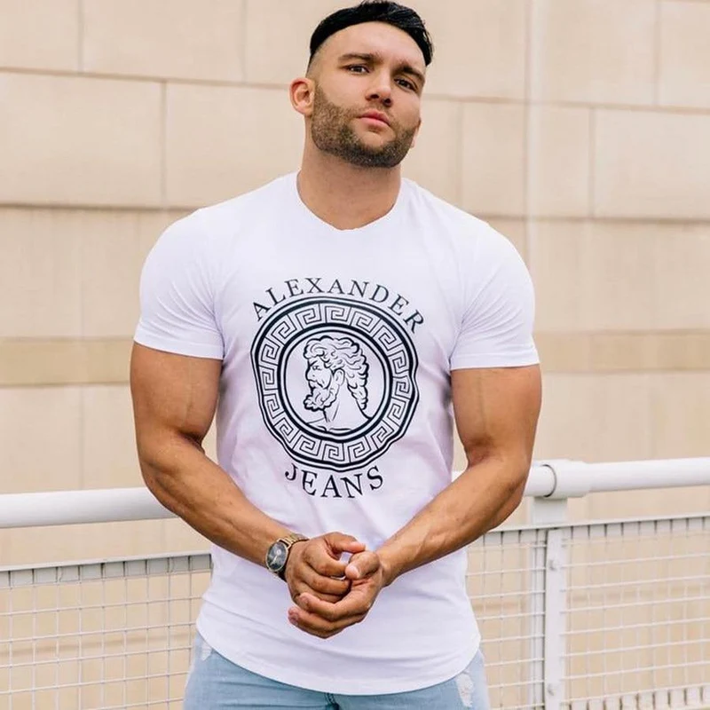 Männer Casual Fashion Print T-Shirts Turnhallen Fitness Kurzarm Baumwolle Slim T-Shirt Männlich O-Ausschnitt T-Shirts Oberbekleidung Kleidung