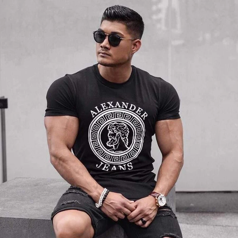Männer Casual Fashion Print T-Shirts Turnhallen Fitness Kurzarm Baumwolle Slim T-Shirt Männlich O-Ausschnitt T-Shirts Oberbekleidung Kleidung