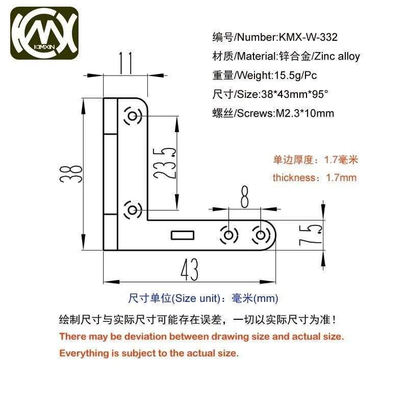 2pc 38 * 43mm * 95deg KIMXIN Hochwertige Scharnierscharniere aus Zinklegierung für Uhrengehäuse Schmucketui Holzteile W-332