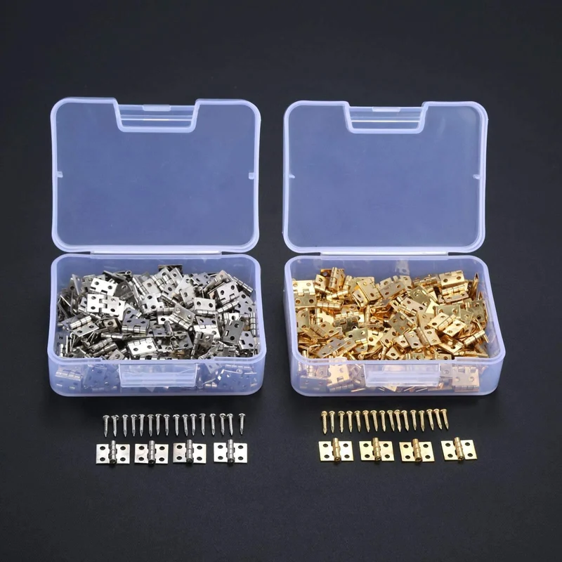 100 Stück 8 * 10mm Messing Schranktür Gepäck Mini Scharnier Schranktür Dekorative Scharniere für Schmuck Holzkiste + Nagel + Aufbewahrungsbox