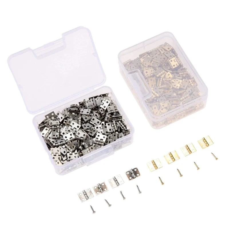 100 Stück 8 * 10mm Messing Schranktür Gepäck Mini Scharnier Schranktür Dekorative Scharniere für Schmuck Holzkiste + Nagel + Aufbewahrungsbox