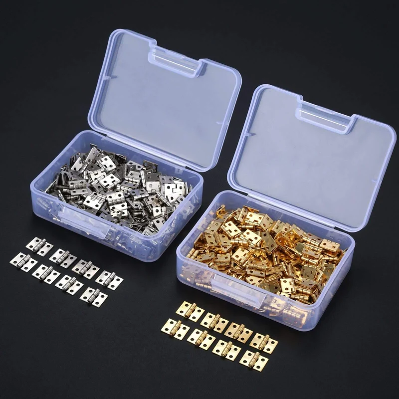 100 Stück 8 * 10mm Messing Schranktür Gepäck Mini Scharnier Schranktür Dekorative Scharniere für Schmuck Holzkiste + Nagel + Aufbewahrungsbox