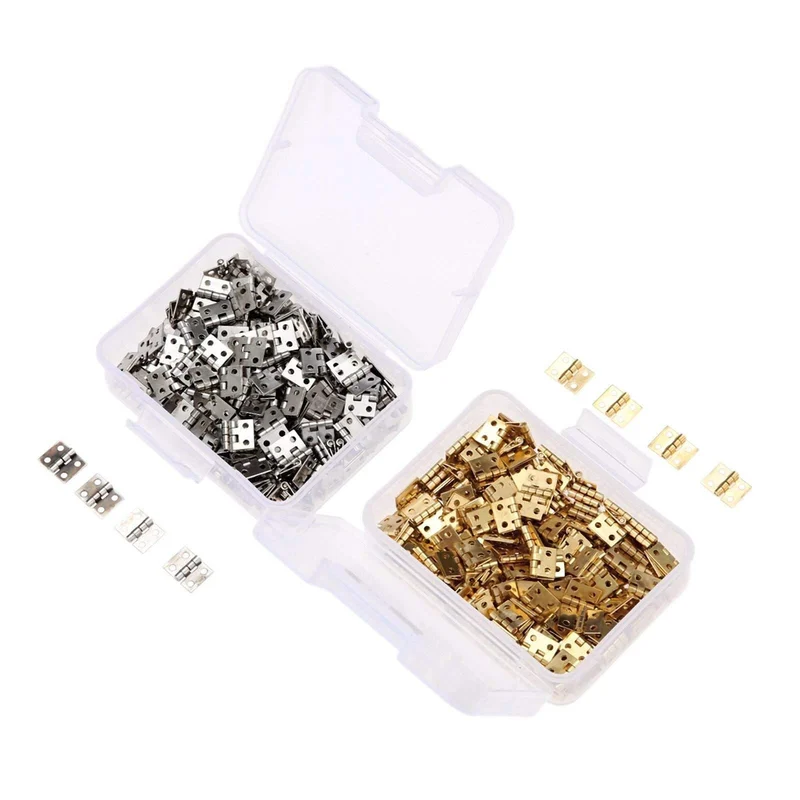 100 Stück 8 * 10mm Messing Schranktür Gepäck Mini Scharnier Schranktür Dekorative Scharniere für Schmuck Holzkiste + Nagel + Aufbewahrungsbox