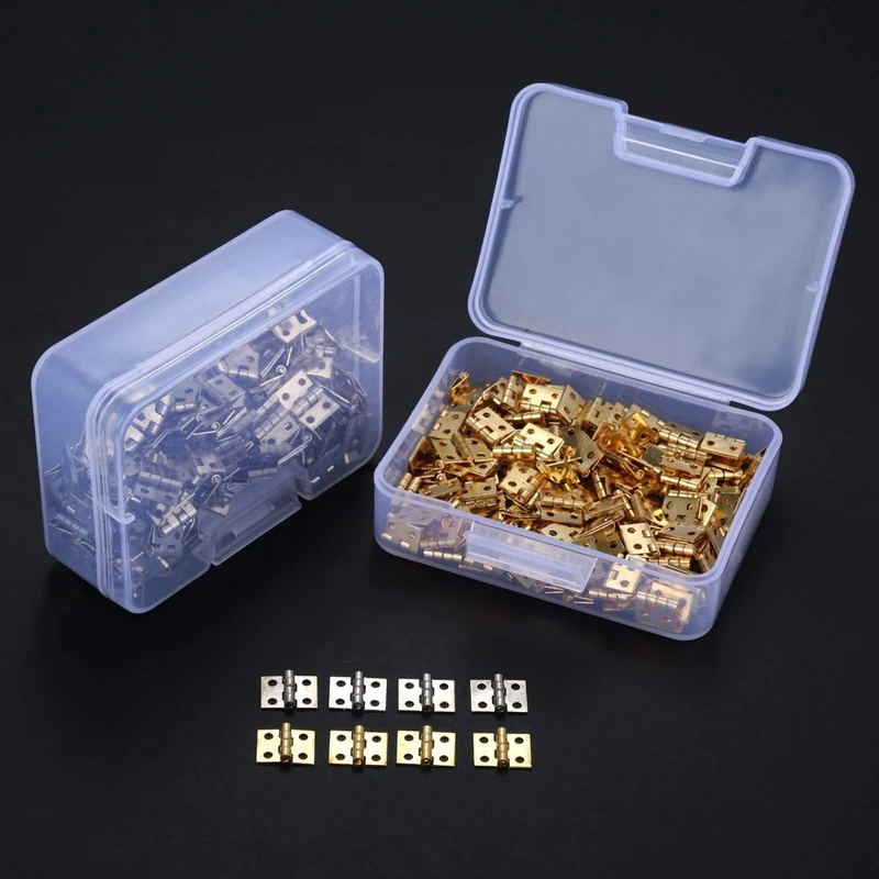 100 Stück 8 * 10mm Messing Schranktür Gepäck Mini Scharnier Schranktür Dekorative Scharniere für Schmuck Holzkiste + Nagel + Aufbewahrungsbox