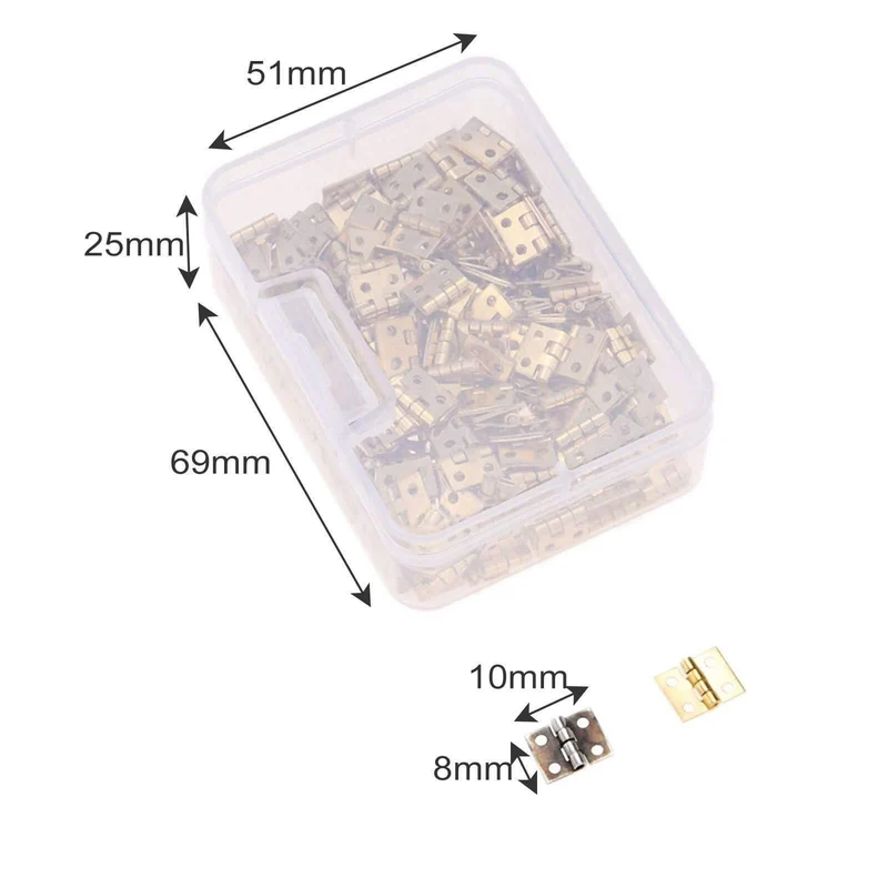 100 Stück 8 * 10mm Messing Schranktür Gepäck Mini Scharnier Schranktür Dekorative Scharniere für Schmuck Holzkiste + Nagel + Aufbewahrungsbox
