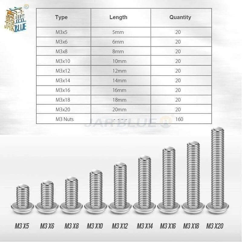 340 Stück M3 * 5-20 mm Edelstahl-Innensechskant-Kopfschrauben Inbusschrauben-Muttersortiment