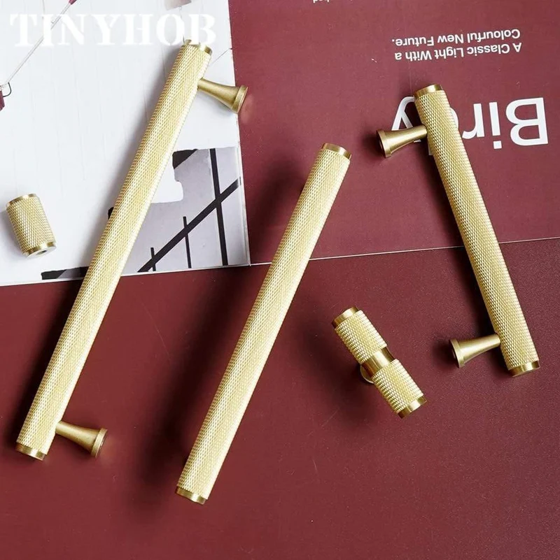 Gold gerändelt / strukturiert einfache Küchenschrank Knöpfe und Griffe Schublade zieht Schlafzimmer Knöpfe Messing T Bar Schrank Hardware
