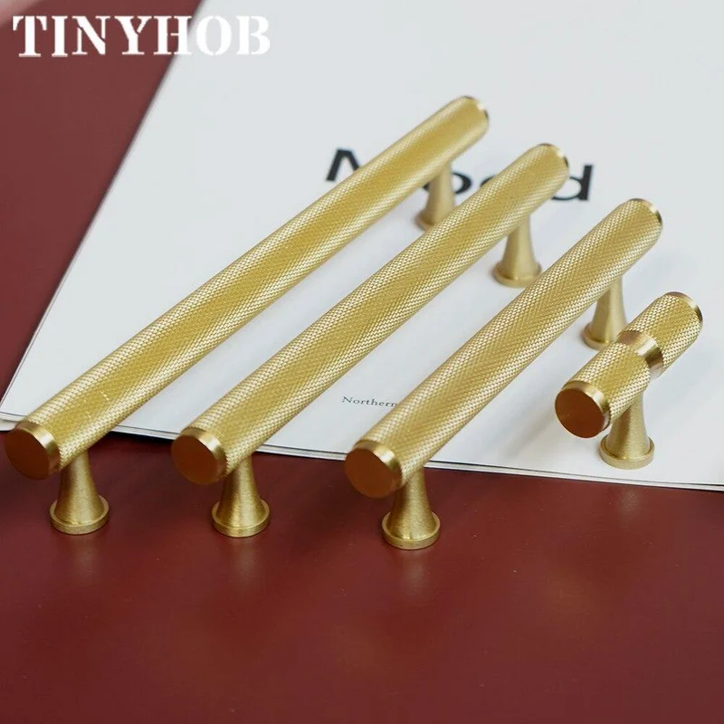 Gold gerändelt / strukturiert einfache Küchenschrank Knöpfe und Griffe Schublade zieht Schlafzimmer Knöpfe Messing T Bar Schrank Hardware